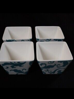 Ciroa Simple Serve Square Turquoise & White 4pc Dessert Snack or Dip Bowls